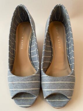 Kelly & Katie Blue and White Striped Peep-Toe Wedges